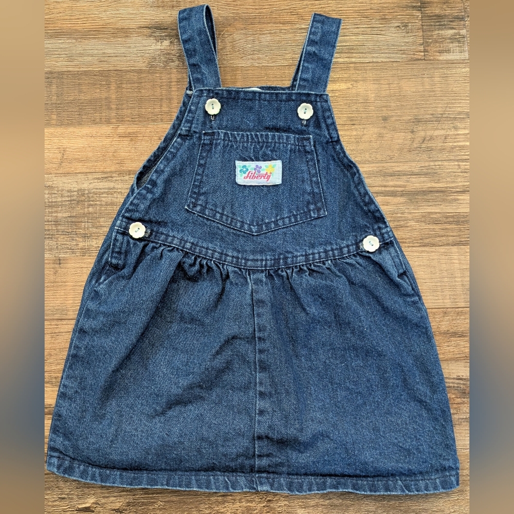 Vintage Liberty Girls Denim Overalls Jumper Dress USA Made 100% Cotton Sz 2T